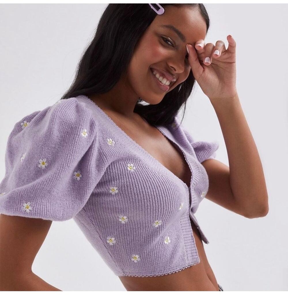 For Love & Lemons Embroidered Daisy Cropped Cardigan - Lavender L